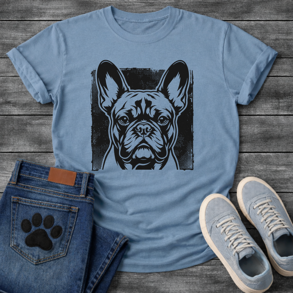French Bulldog halftone portrait face graphic dog shirt unisex tee white
