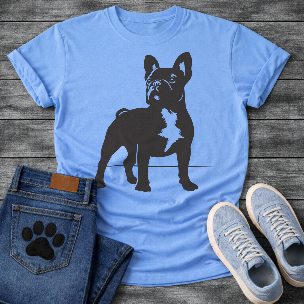 French Bulldog t-shirt with bold full body Frenchie silhouette standing facing forward, white chest patch detail visible, clean single black ink graphic, minimal no text design