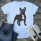 French Bulldog t-shirt with bold full body Frenchie silhouette standing facing forward, white chest patch detail visible, clean single black ink graphic, minimal no text design