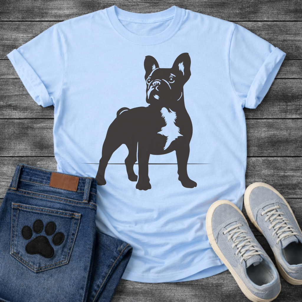 French Bulldog t-shirt with bold full body Frenchie silhouette standing facing forward, white chest patch detail visible, clean single black ink graphic, minimal no text design