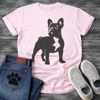 French Bulldog t-shirt with bold full body Frenchie silhouette standing facing forward, white chest patch detail visible, clean single black ink graphic, minimal no text design