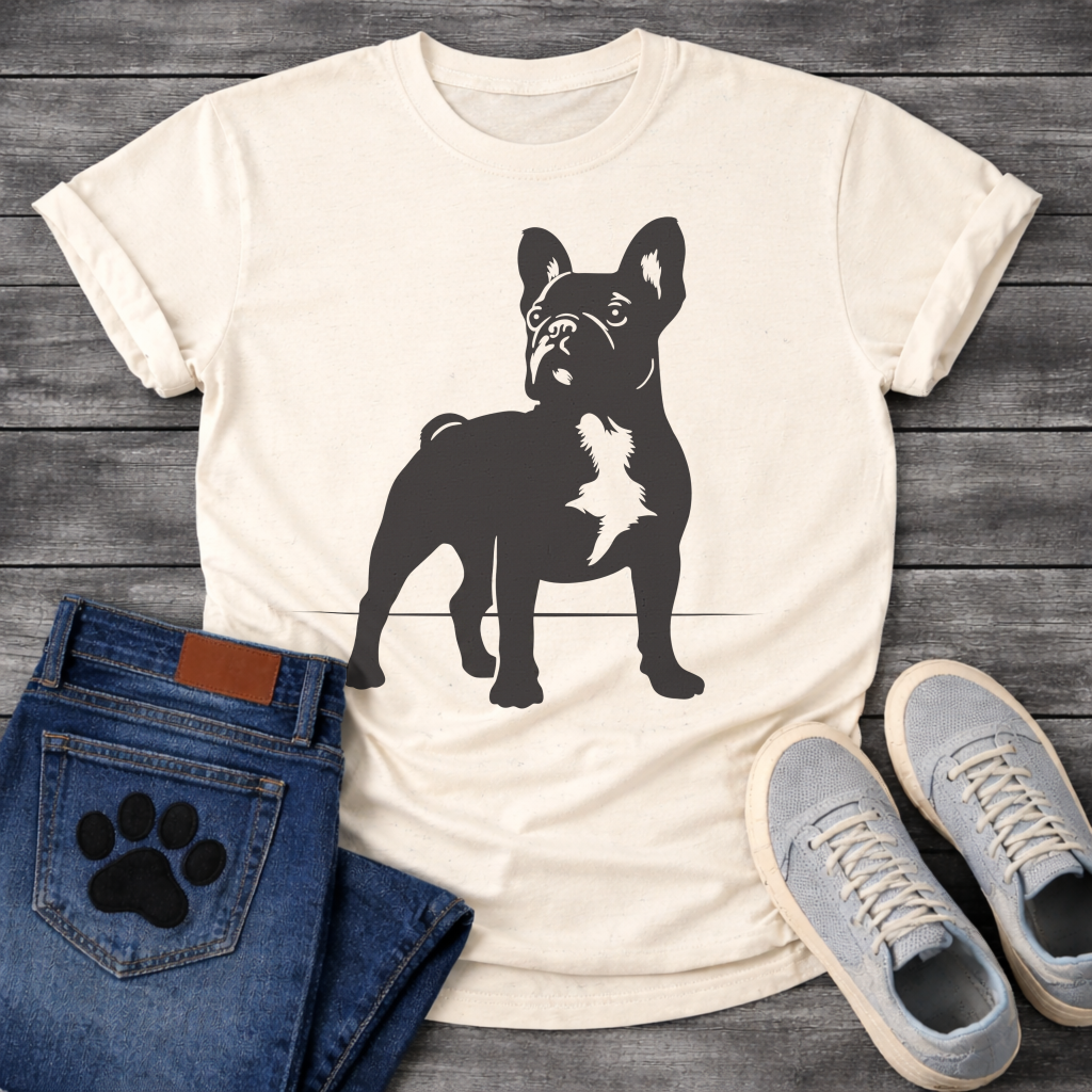 French Bulldog t-shirt with bold full body Frenchie silhouette standing facing forward, white chest patch detail visible, clean single black ink graphic, minimal no text design