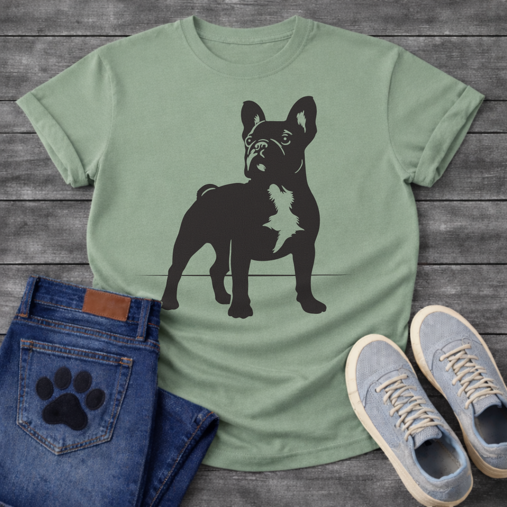 French Bulldog t-shirt with bold full body Frenchie silhouette standing facing forward, white chest patch detail visible, clean single black ink graphic, minimal no text design