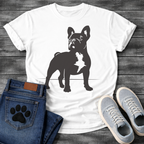 French Bulldog t-shirt with bold full body Frenchie silhouette standing facing forward, white chest patch detail visible, clean single black ink graphic, minimal no text design