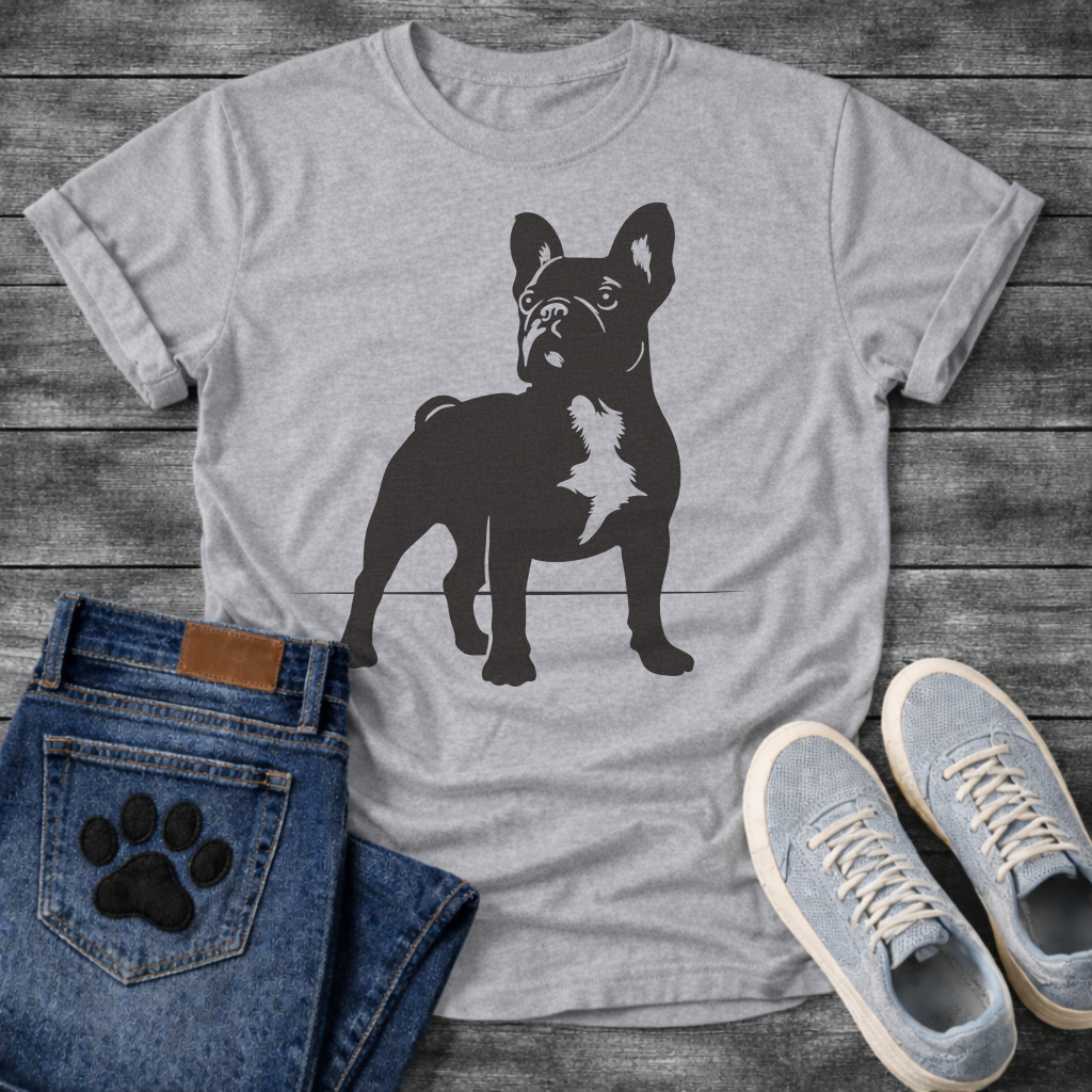 French Bulldog t-shirt with bold full body Frenchie silhouette standing facing forward, white chest patch detail visible, clean single black ink graphic, minimal no text design