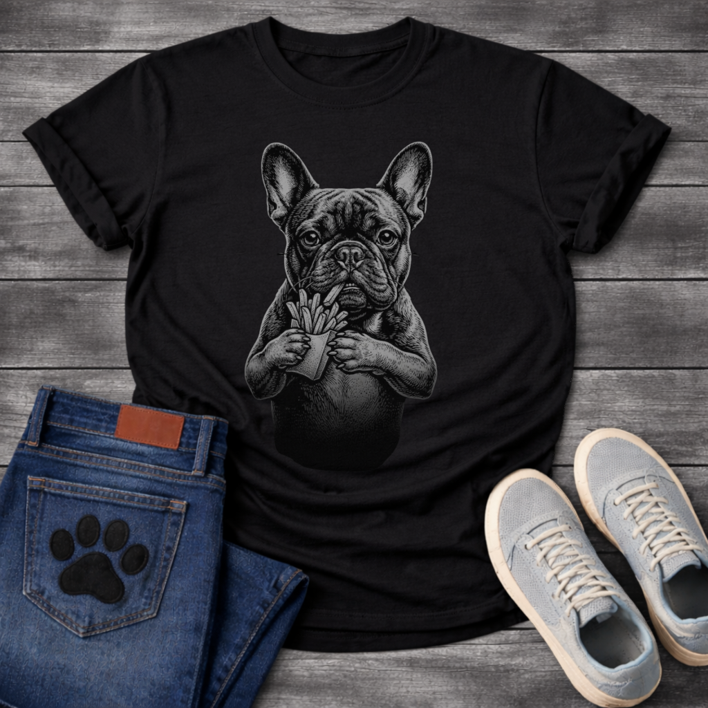 French Bulldog holding french fries engraving graphic funny dog shirt black tee