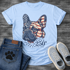 French Bulldog portrait with American flag pattern and 250 stars 1776-2026 anniversary graphic tee
