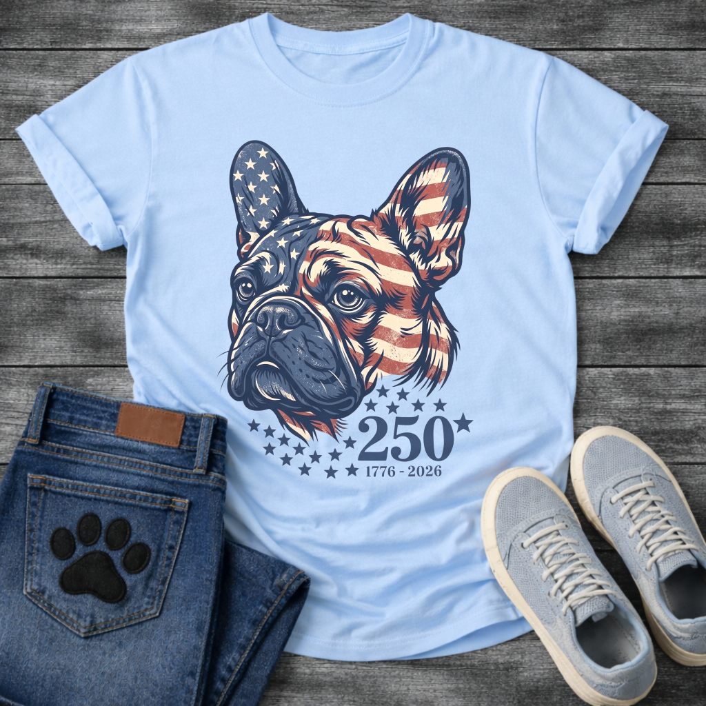 French Bulldog portrait with American flag pattern and 250 stars 1776-2026 anniversary graphic tee
