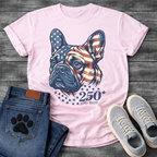 French Bulldog portrait with American flag pattern and 250 stars 1776-2026 anniversary graphic tee

