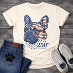French Bulldog portrait with American flag pattern and 250 stars 1776-2026 anniversary graphic tee
