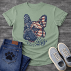 French Bulldog portrait with American flag pattern and 250 stars 1776-2026 anniversary graphic tee
