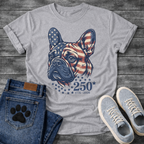 French Bulldog portrait with American flag pattern and 250 stars 1776-2026 anniversary graphic tee
