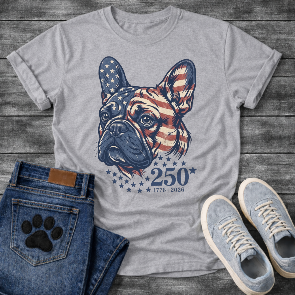French Bulldog portrait with American flag pattern and 250 stars 1776-2026 anniversary graphic tee
