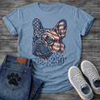 French Bulldog portrait with American flag pattern and 250 stars 1776-2026 anniversary graphic tee
