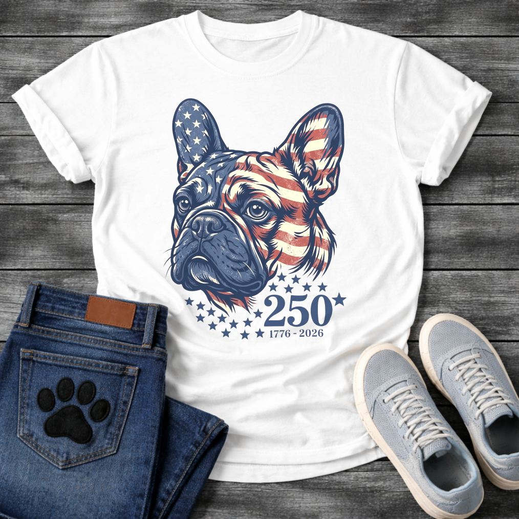 French Bulldog portrait with American flag pattern and 250 stars 1776-2026 anniversary graphic tee
