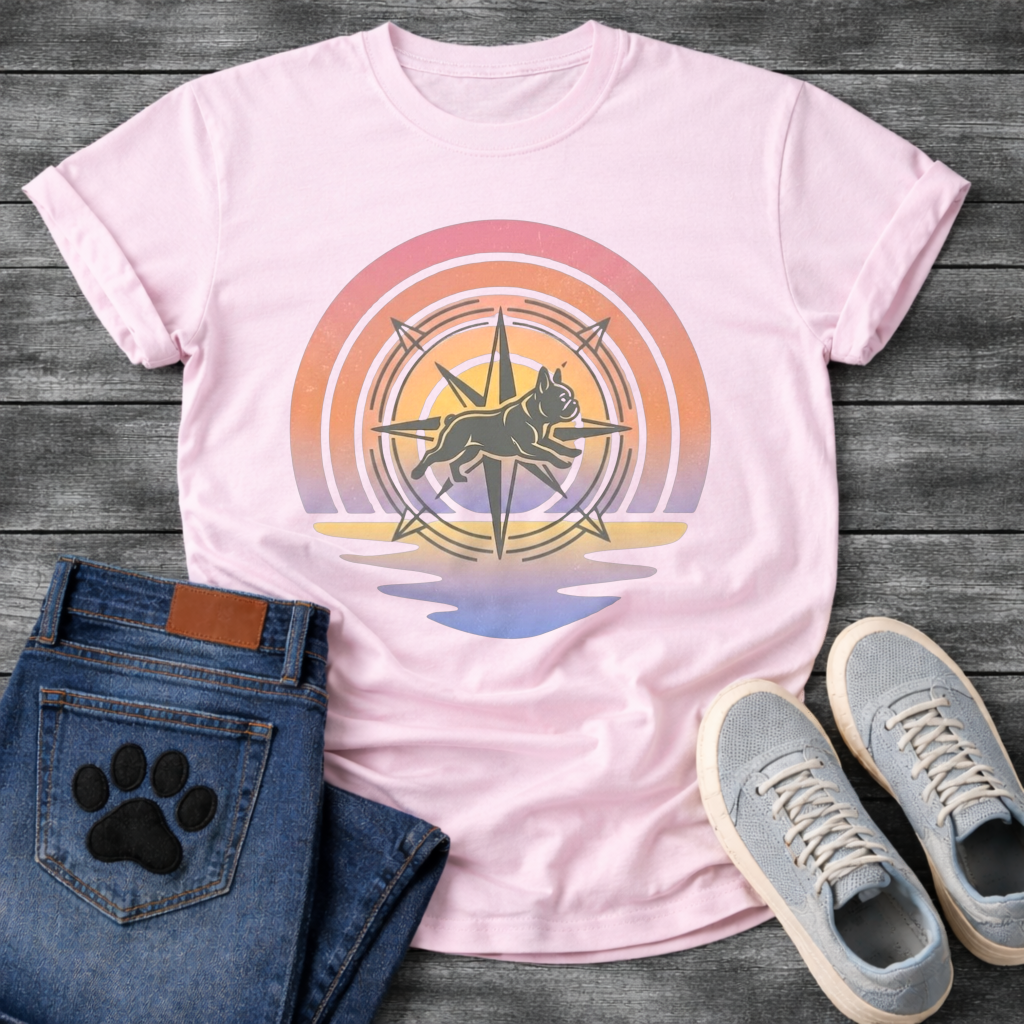 French Bulldog t-shirt with retro sunset rainbow arc, geometric compass rose with running Frenchie silhouette centered, gradient pink orange and purple tones with water reflection below, vintage adventure illustration graphic