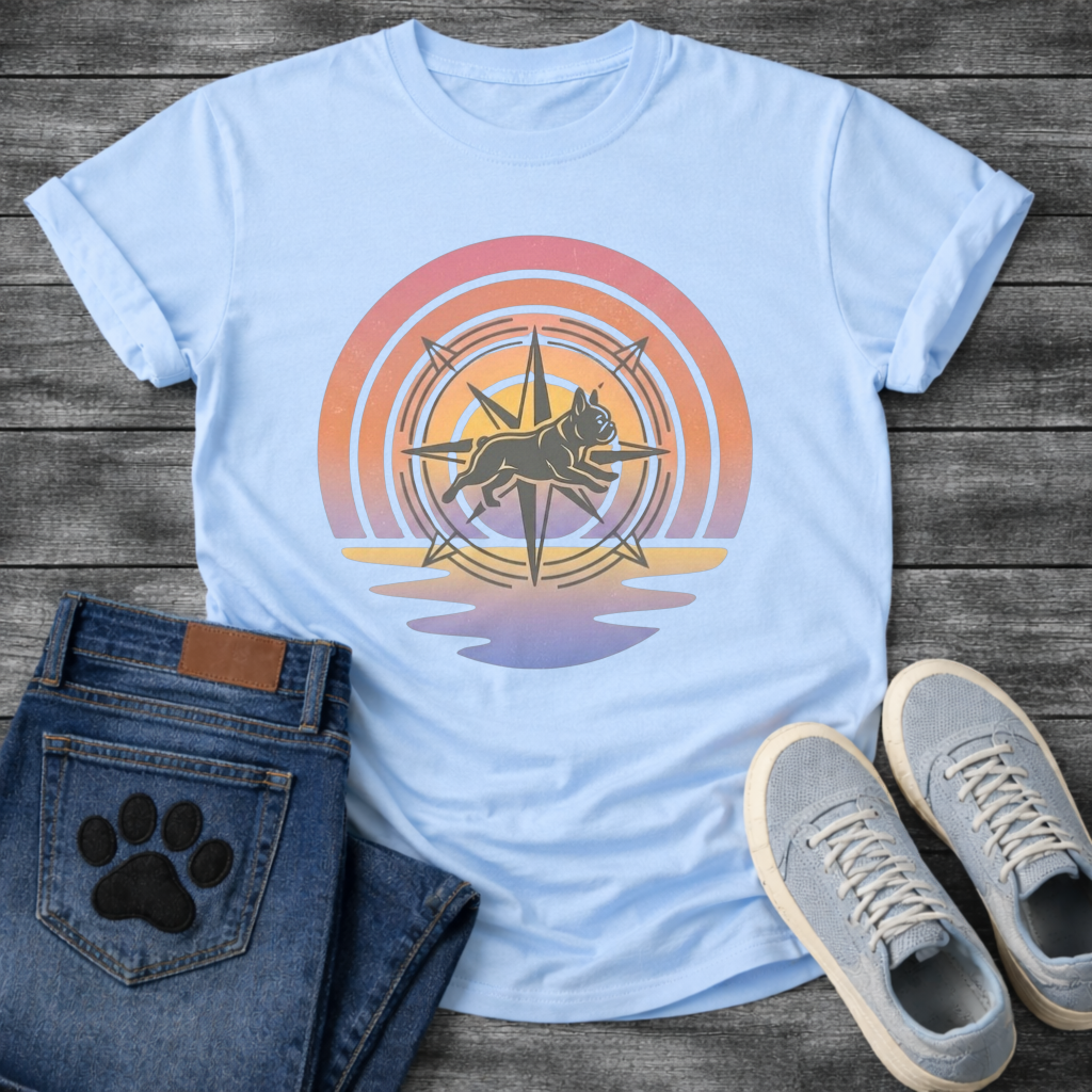 French Bulldog t-shirt with retro sunset rainbow arc, geometric compass rose with running Frenchie silhouette centered, gradient pink orange and purple tones with water reflection below, vintage adventure illustration graphic