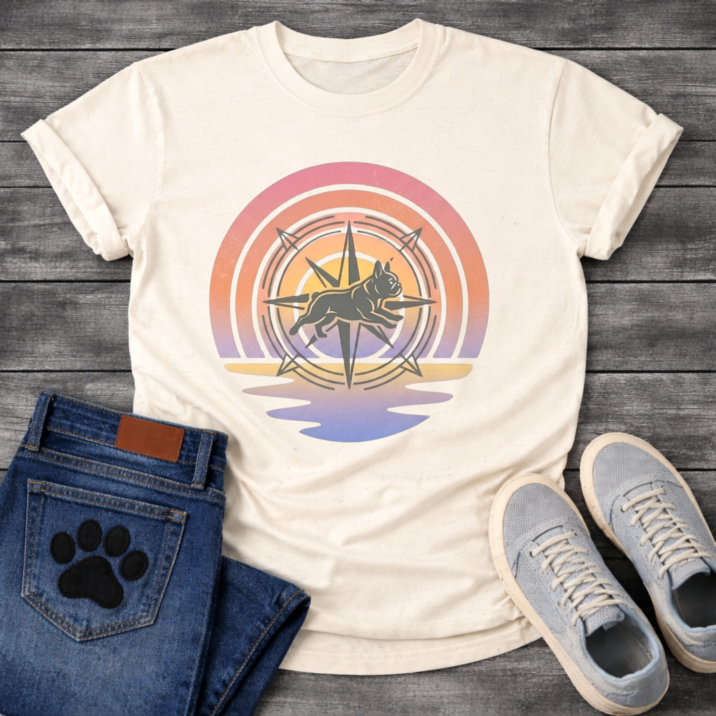 French Bulldog t-shirt with retro sunset rainbow arc, geometric compass rose with running Frenchie silhouette centered, gradient pink orange and purple tones with water reflection below, vintage adventure illustration graphic