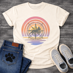 French Bulldog t-shirt with retro sunset rainbow arc, geometric compass rose with running Frenchie silhouette centered, gradient pink orange and purple tones with water reflection below, vintage adventure illustration graphic