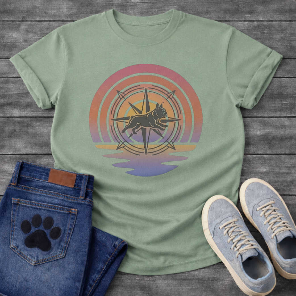 French Bulldog t-shirt with retro sunset rainbow arc, geometric compass rose with running Frenchie silhouette centered, gradient pink orange and purple tones with water reflection below, vintage adventure illustration graphic