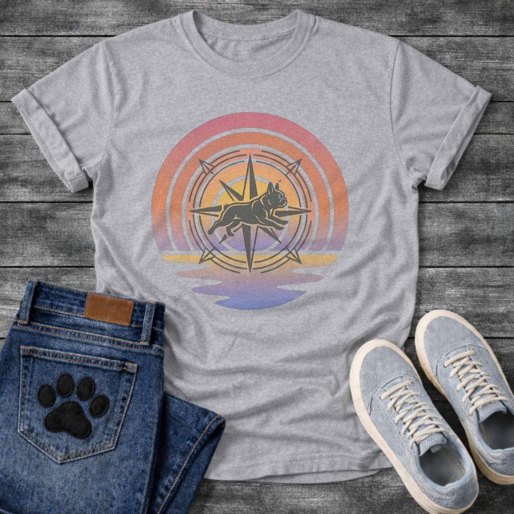 French Bulldog t-shirt with retro sunset rainbow arc, geometric compass rose with running Frenchie silhouette centered, gradient pink orange and purple tones with water reflection below, vintage adventure illustration graphic