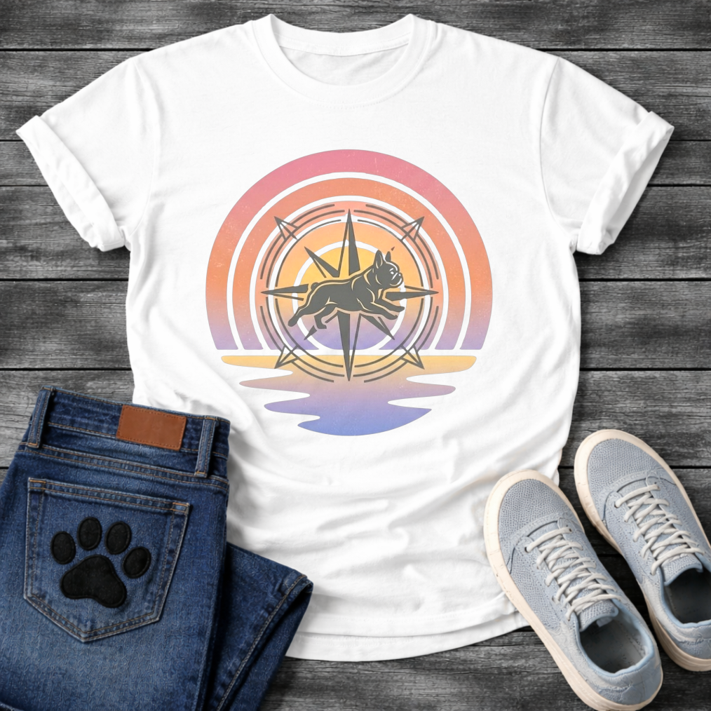 French Bulldog t-shirt with retro sunset rainbow arc, geometric compass rose with running Frenchie silhouette centered, gradient pink orange and purple tones with water reflection below, vintage adventure illustration graphic