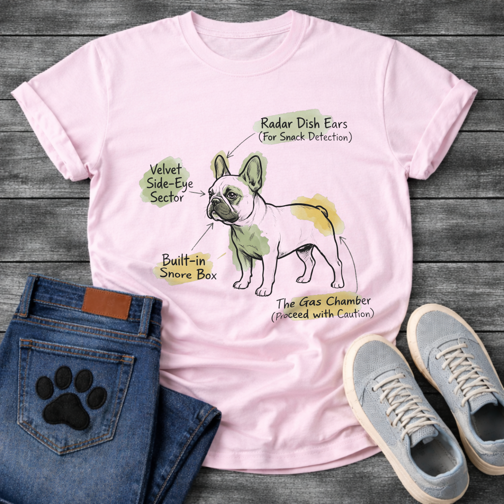 
French Bulldog anatomy diagram graphic tee with Radar Dish Ears Velvet Side-Eye Sector Built-in Snore Box and Gas Chamber labels
