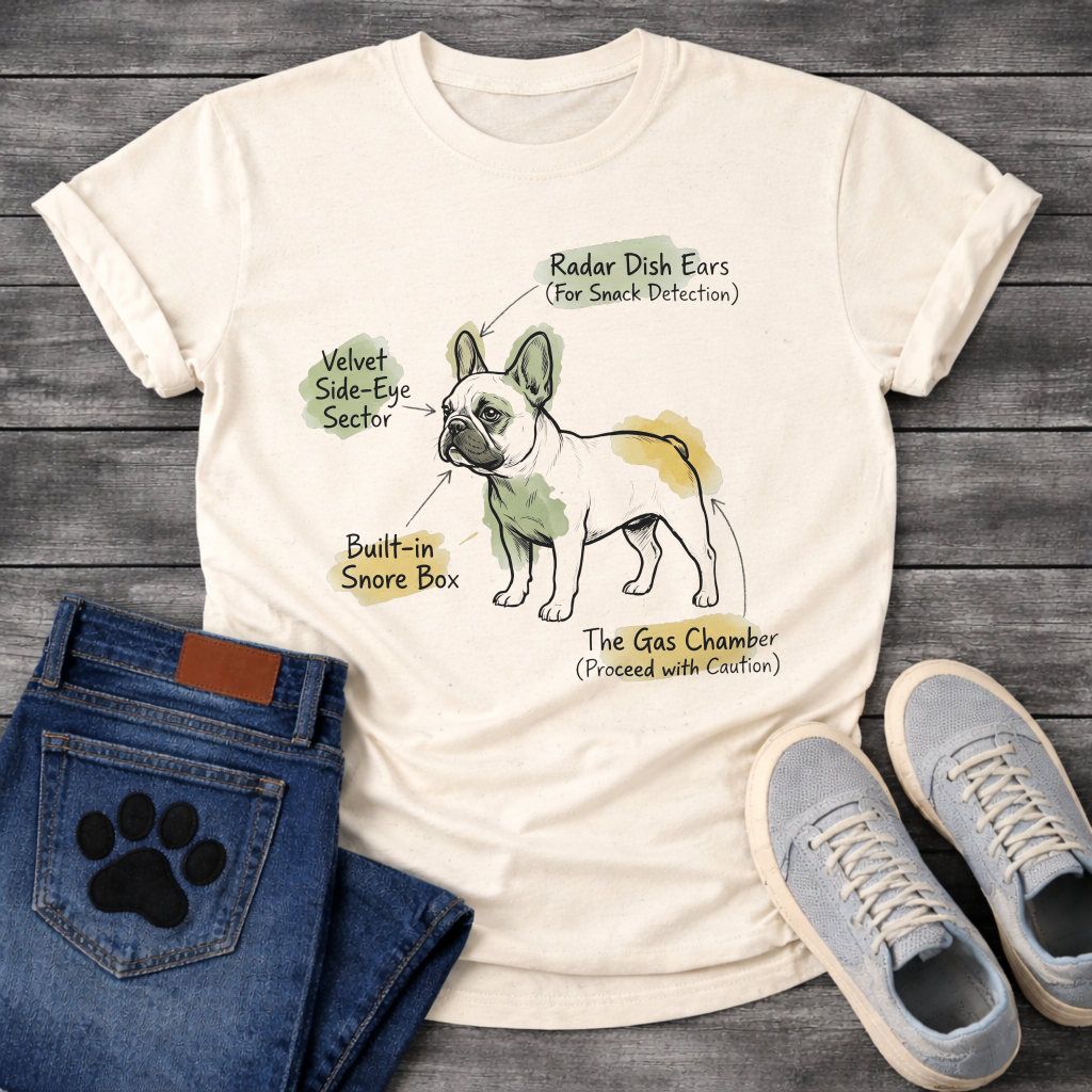 
French Bulldog anatomy diagram graphic tee with Radar Dish Ears Velvet Side-Eye Sector Built-in Snore Box and Gas Chamber labels
