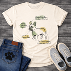 
French Bulldog anatomy diagram graphic tee with Radar Dish Ears Velvet Side-Eye Sector Built-in Snore Box and Gas Chamber labels
