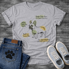 French Bulldog anatomy diagram graphic tee with Radar Dish Ears Velvet Side-Eye Sector Built-in Snore Box and Gas Chamber labels

