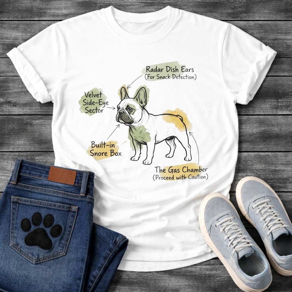 French Bulldog anatomy diagram graphic tee with Radar Dish Ears Velvet Side-Eye Sector Built-in Snore Box and Gas Chamber labels
