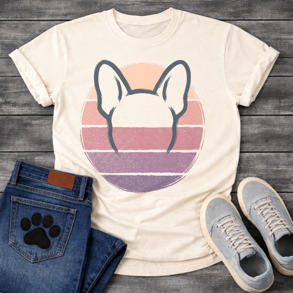 French Bulldog t-shirt with minimal brush ink Frenchie head seen from behind, bold bat ears outlined against a retro striped circle sunset in blush pink mauve and deep purple tones, distressed vintage texture, no text fine art graphic
