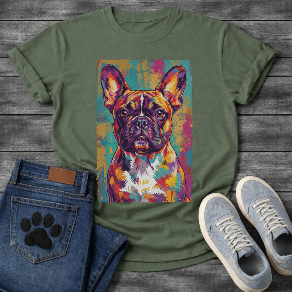 French Bulldog vibrant pop art portrait with colorful grunge background graphic tee
