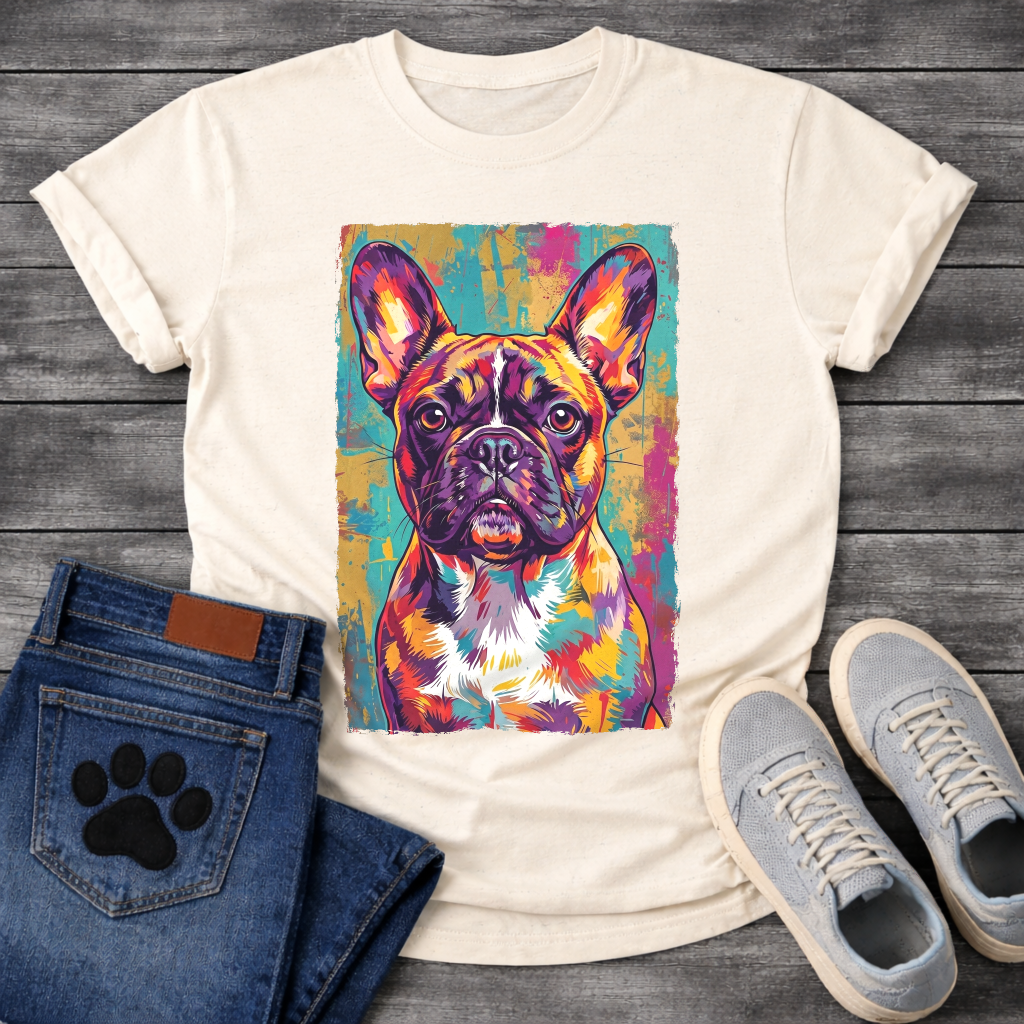 French Bulldog vibrant pop art portrait with colorful grunge background graphic tee
