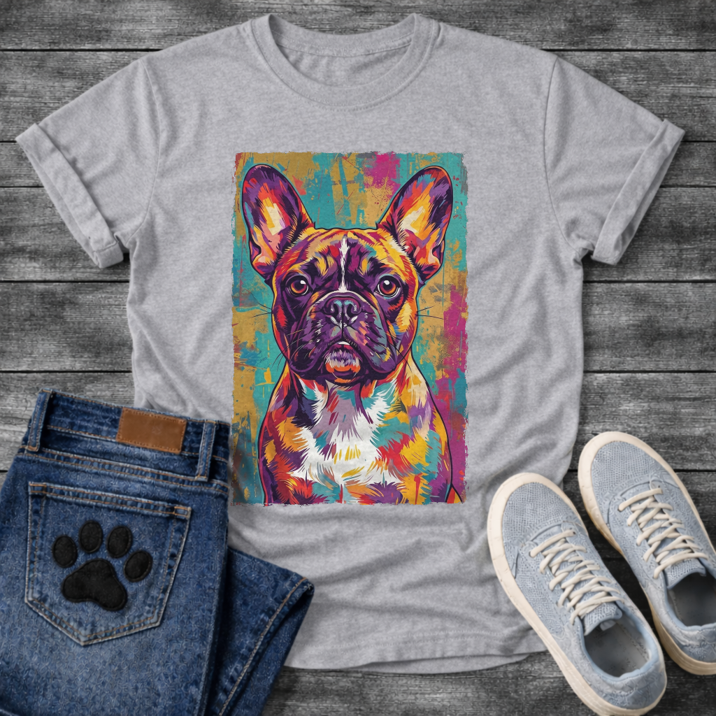 French Bulldog vibrant pop art portrait with colorful grunge background graphic tee
