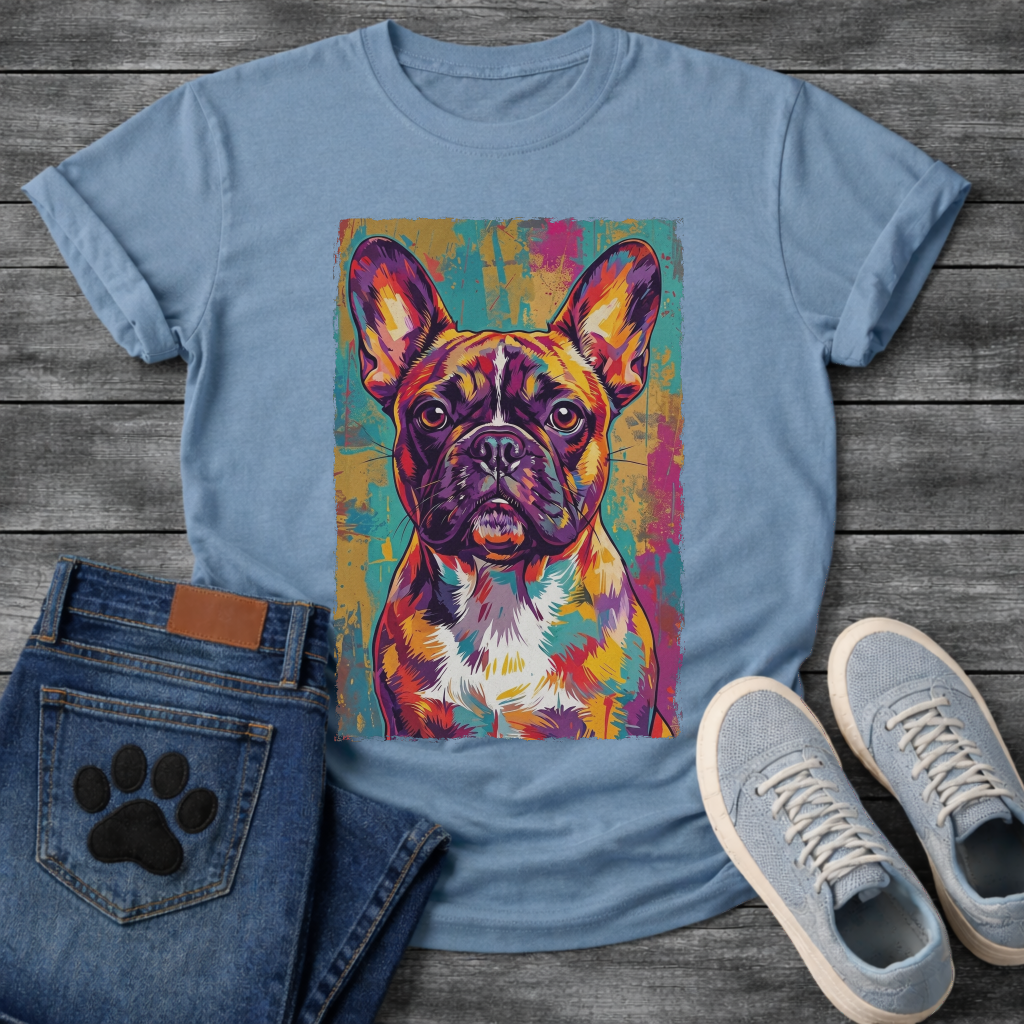 French Bulldog vibrant pop art portrait with colorful grunge background graphic tee
