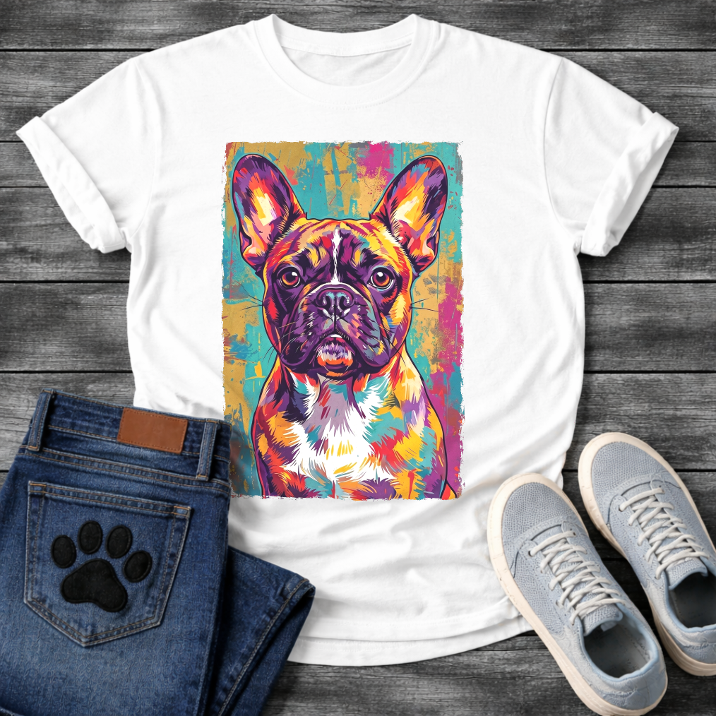 French Bulldog vibrant pop art portrait with colorful grunge background graphic tee
