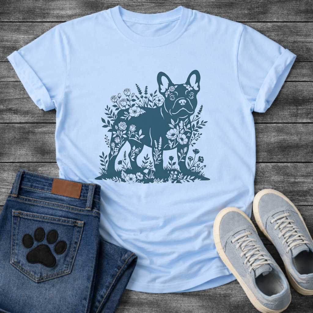 Frenchie botanical paper cut deep teal floral t-shirt sage French Bulldog pet lover apparel
