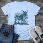 Frenchie botanical paper cut deep teal floral t-shirt sage French Bulldog pet lover apparel
