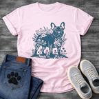 Frenchie botanical paper cut deep teal floral t-shirt sage French Bulldog pet lover apparel
