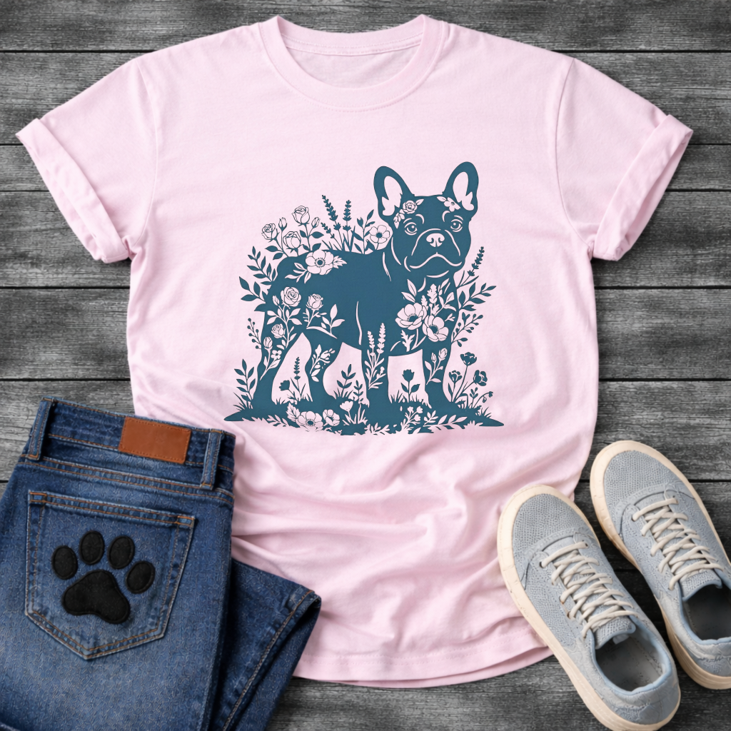 Frenchie botanical paper cut deep teal floral t-shirt sage French Bulldog pet lover apparel
