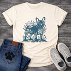 Frenchie botanical paper cut deep teal floral t-shirt sage French Bulldog pet lover apparel
