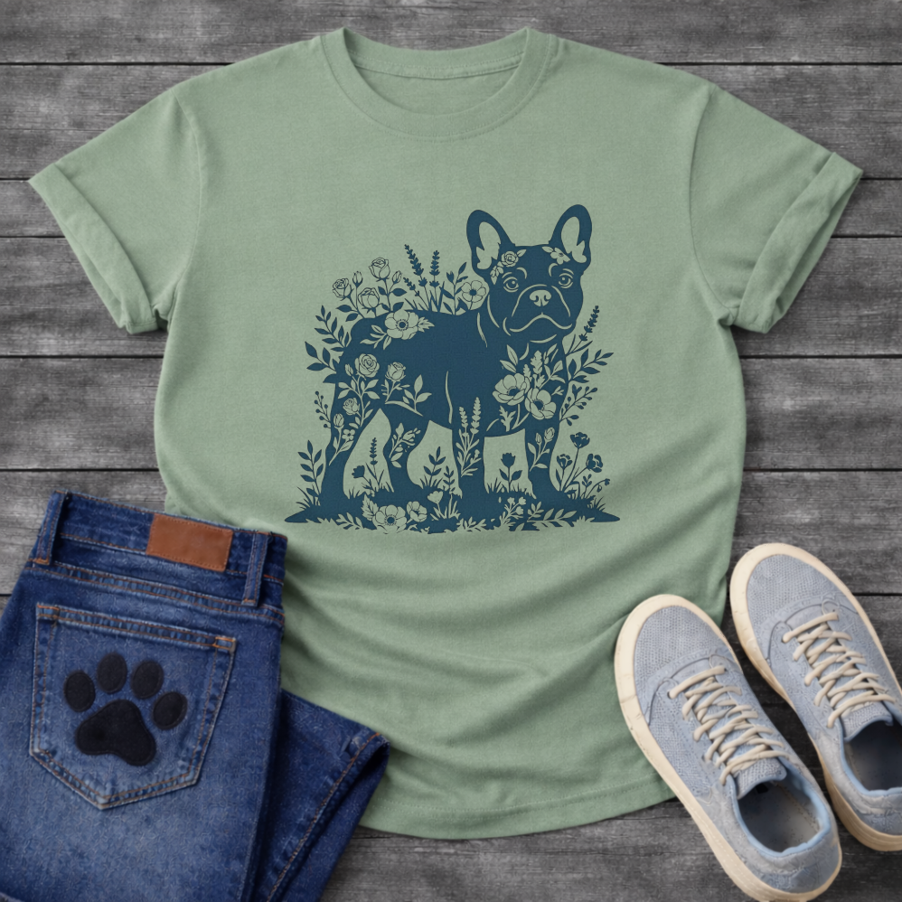 Frenchie botanical paper cut deep teal floral t-shirt sage French Bulldog pet lover apparel
