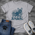 Frenchie botanical paper cut deep teal floral t-shirt sage French Bulldog pet lover apparel
