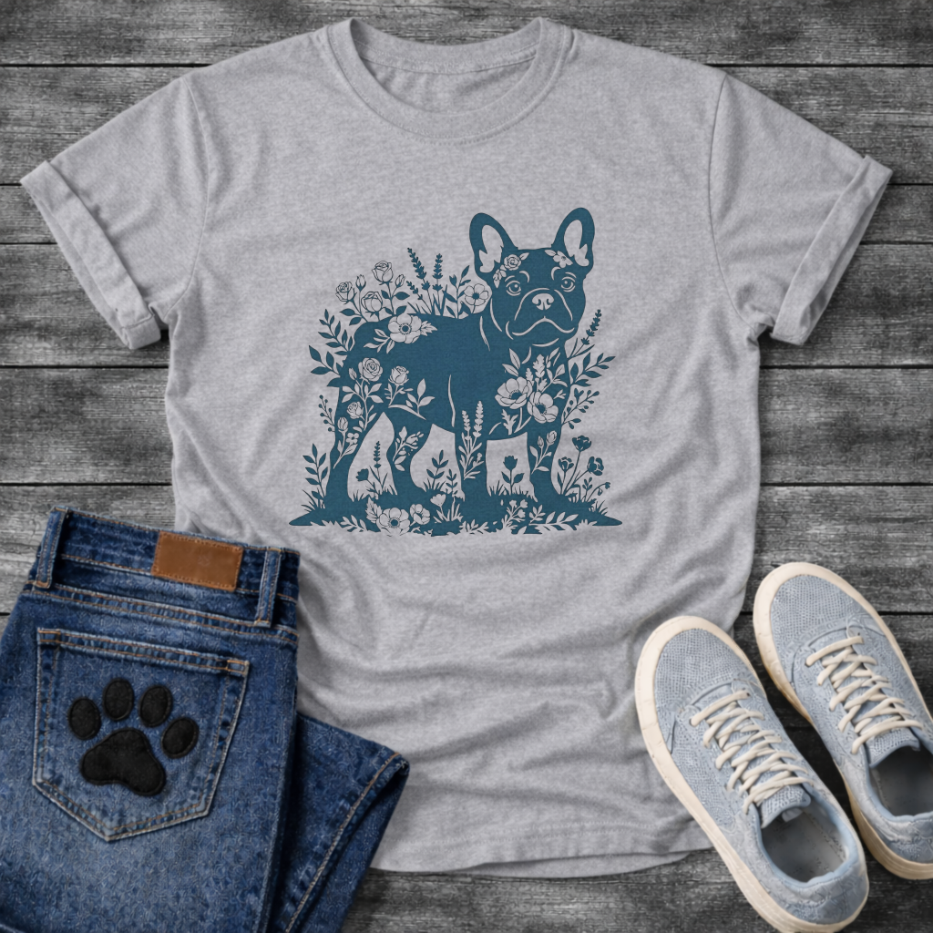 Frenchie botanical paper cut deep teal floral t-shirt sage French Bulldog pet lover apparel
