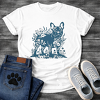 Frenchie botanical paper cut deep teal floral t-shirt sage French Bulldog pet lover apparel
