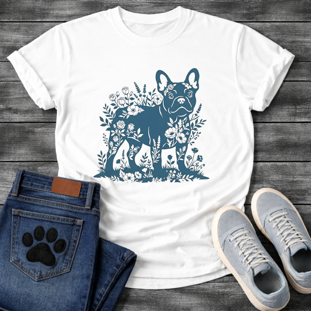 Frenchie botanical paper cut deep teal floral t-shirt sage French Bulldog pet lover apparel
