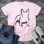 French Bulldog t-shirt with loose gestural brush ink Frenchie illustration seen from behind, bold confident brushstrokes suggesting the form with minimal fill, single black ink on warm tee, fine art gallery style graphic