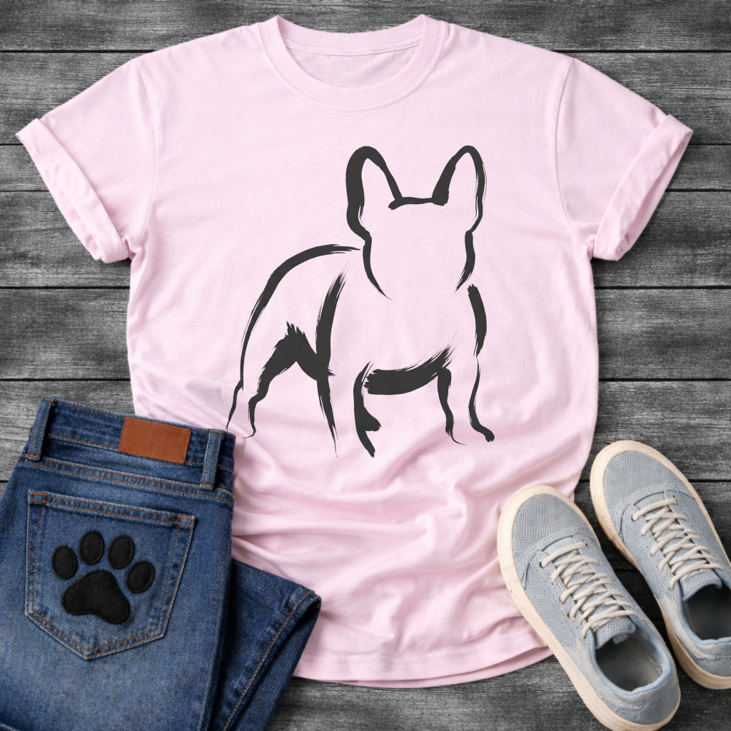 French Bulldog t-shirt with loose gestural brush ink Frenchie illustration seen from behind, bold confident brushstrokes suggesting the form with minimal fill, single black ink on warm tee, fine art gallery style graphic