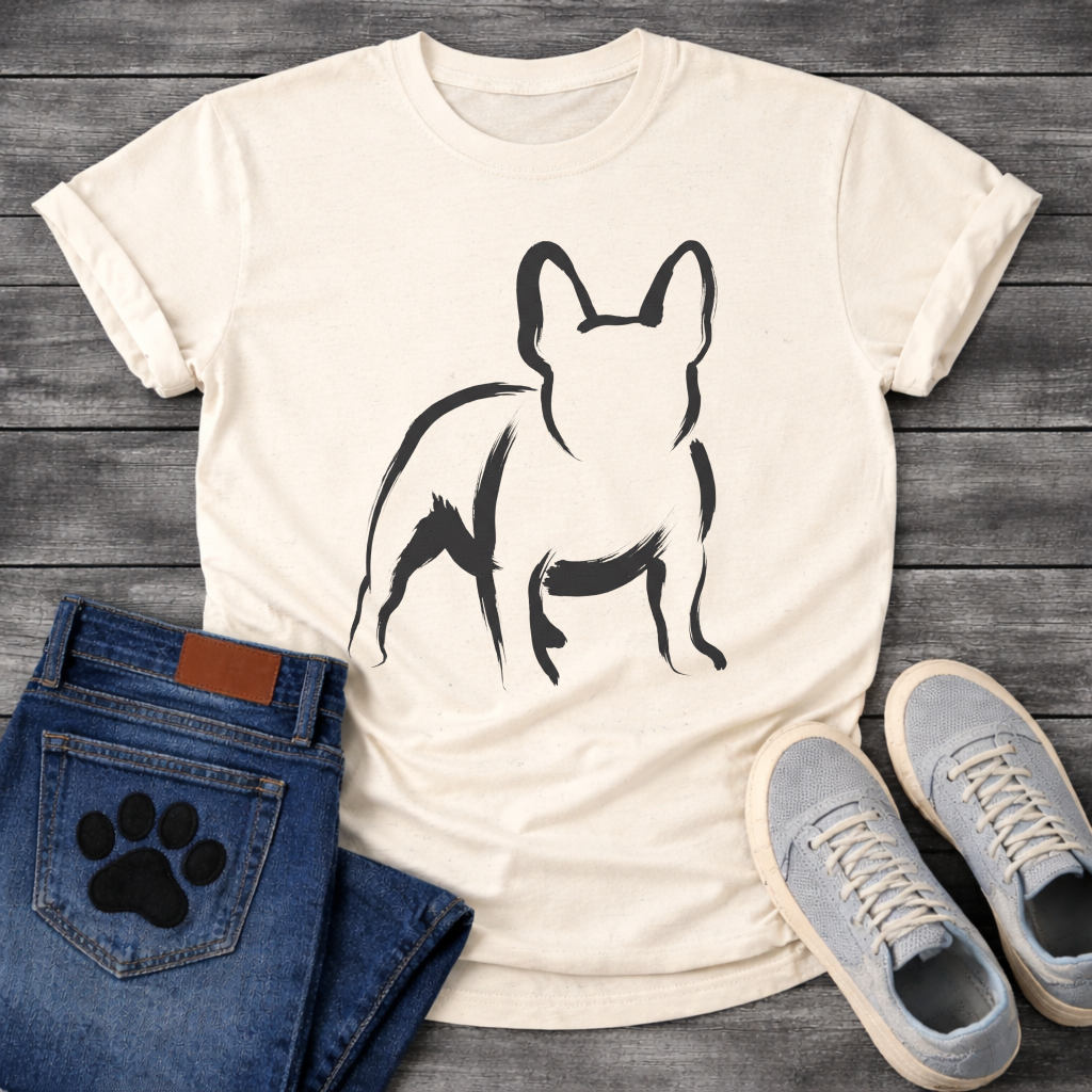 French Bulldog t-shirt with loose gestural brush ink Frenchie illustration seen from behind, bold confident brushstrokes suggesting the form with minimal fill, single black ink on warm tee, fine art gallery style graphic